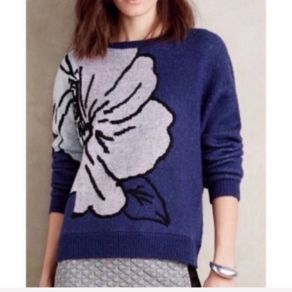 Anthropologie HWR Flower Blue Sweater